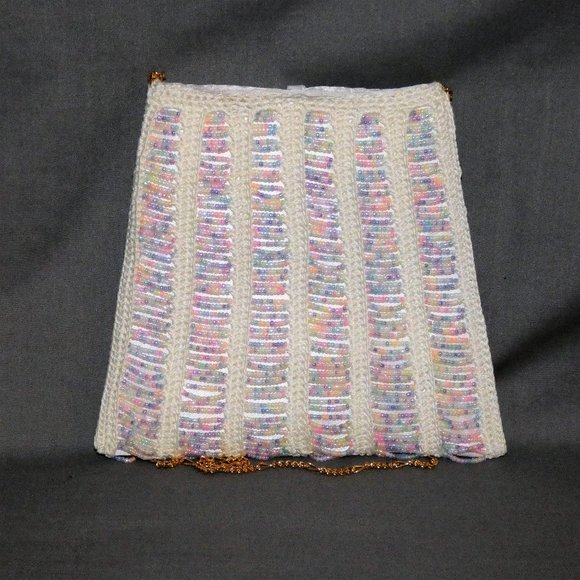Vintage White Beaded Crochet Pouch Purse Bag Wedding Evening Bag Hand Crafted - Picture 2 of 7